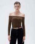 SUUKSESS Women Padded Off The Shoulder Tops Ribbed Long Sleeve Shirts Fall Basic-SUUKSESS-SUUKSESS