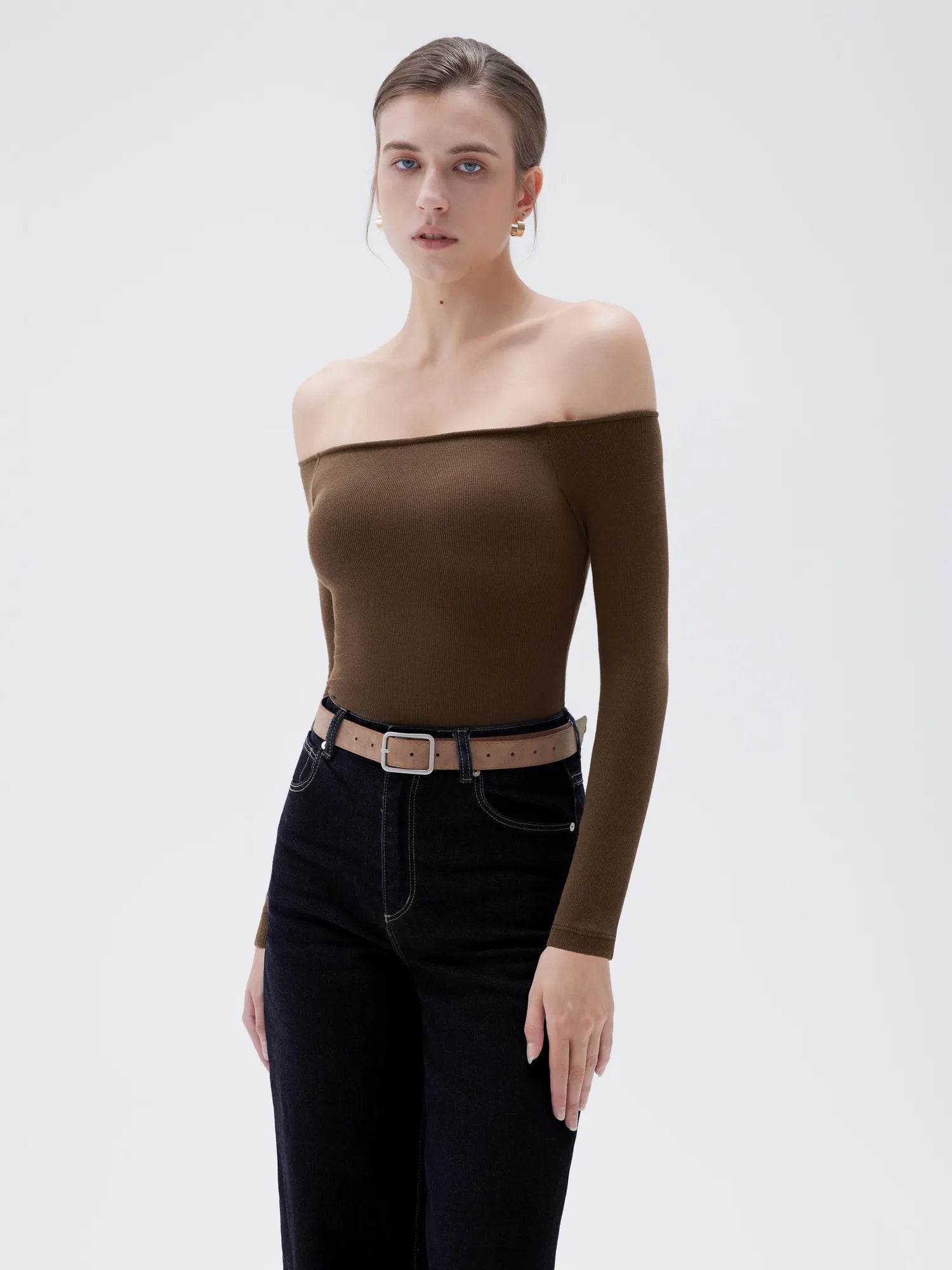 SUUKSESS Women Padded Off The Shoulder Tops Ribbed Long Sleeve Shirts Fall Basic-SUUKSESS-SUUKSESS