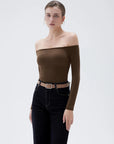 SUUKSESS Women Padded Off The Shoulder Tops Ribbed Long Sleeve Shirts Fall Basic-SUUKSESS-SUUKSESS