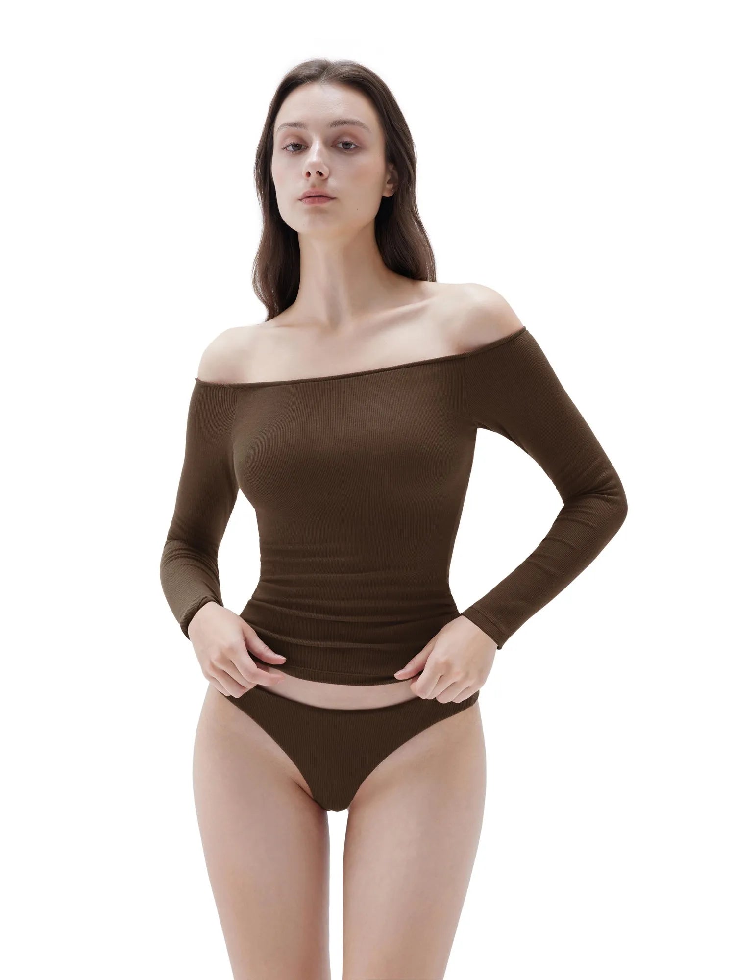 SUUKSESS Women Padded Off The Shoulder Tops Ribbed Long Sleeve Shirts Fall Basic-SUUKSESS-SUUKSESS