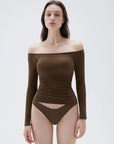 SUUKSESS Women Padded Off The Shoulder Tops Ribbed Long Sleeve Shirts Fall Basic-SUUKSESS-SUUKSESS