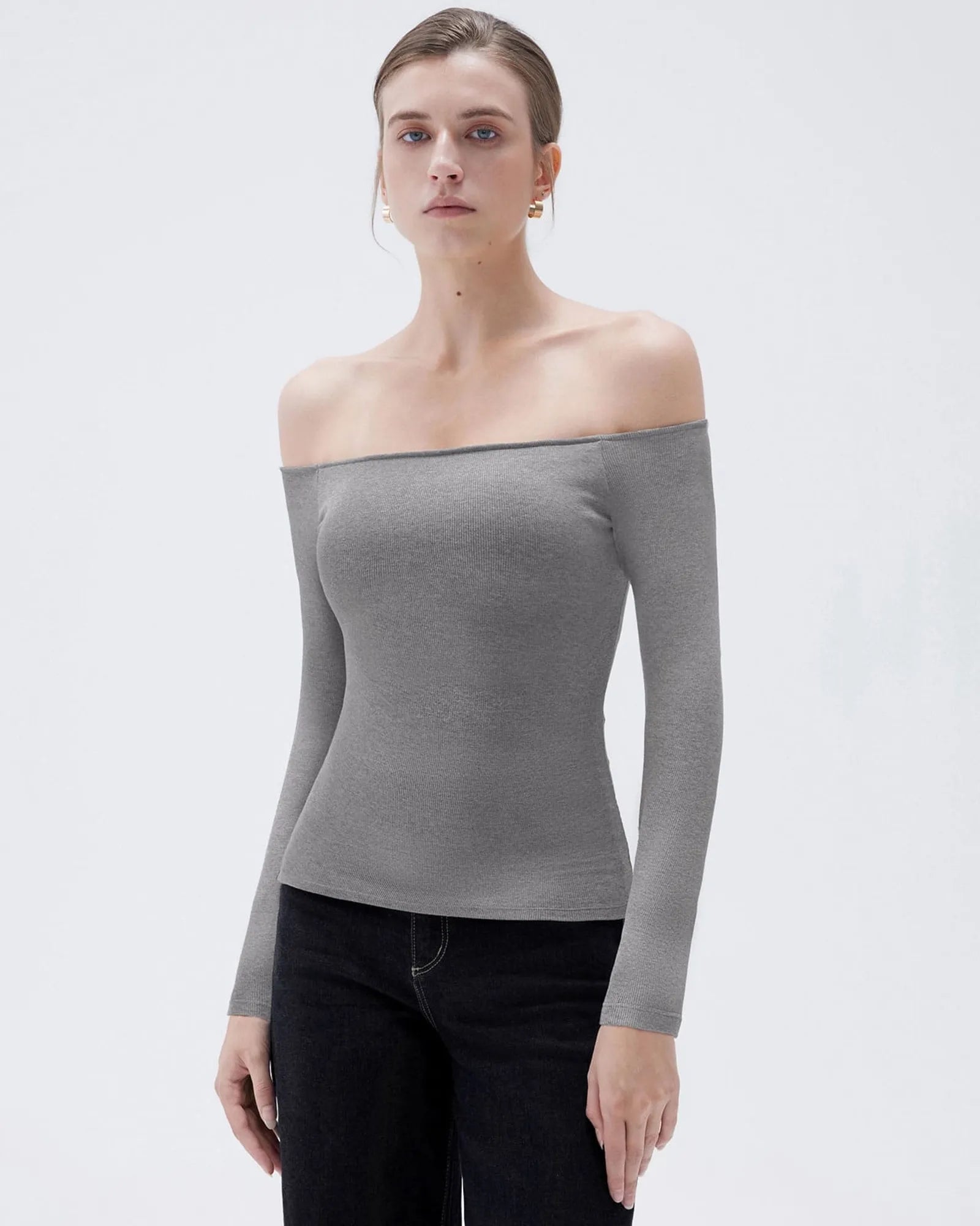 Ribbed Padded Off Shoulder Shirt - Long Sleeve