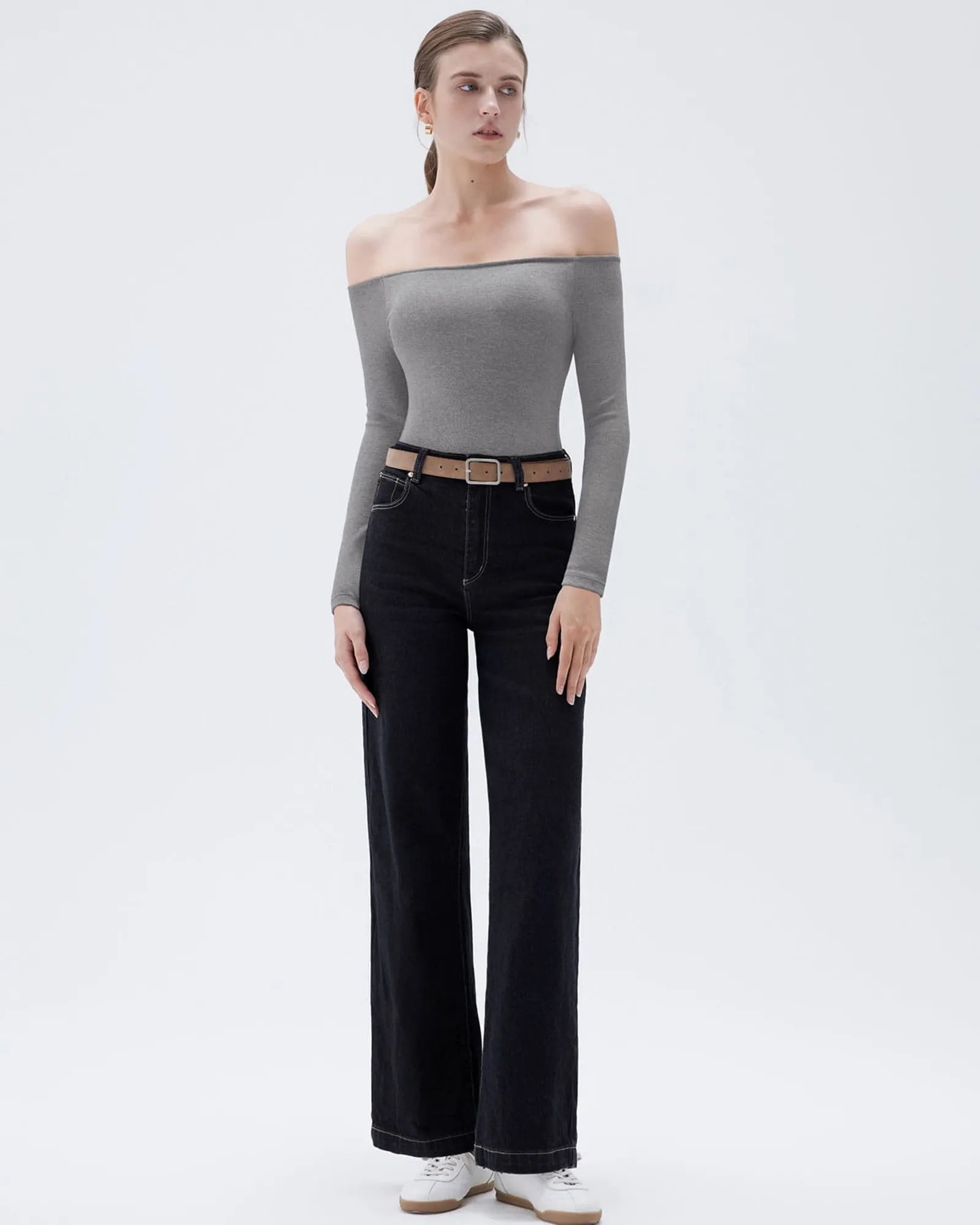 Ribbed Padded Off Shoulder Shirt - Long Sleeve