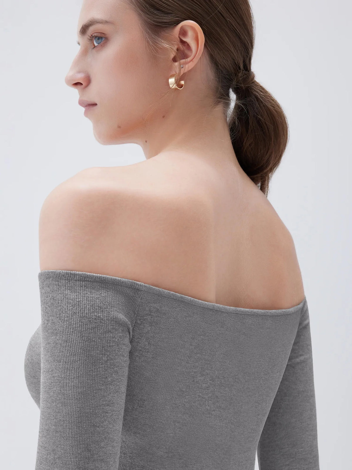 Ribbed Padded Off Shoulder Shirt - Long Sleeve