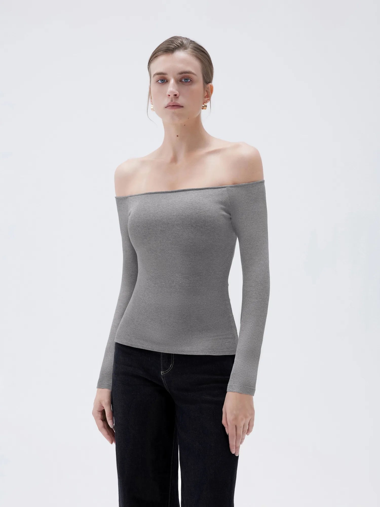 Ribbed Padded Off Shoulder Shirt - Long Sleeve