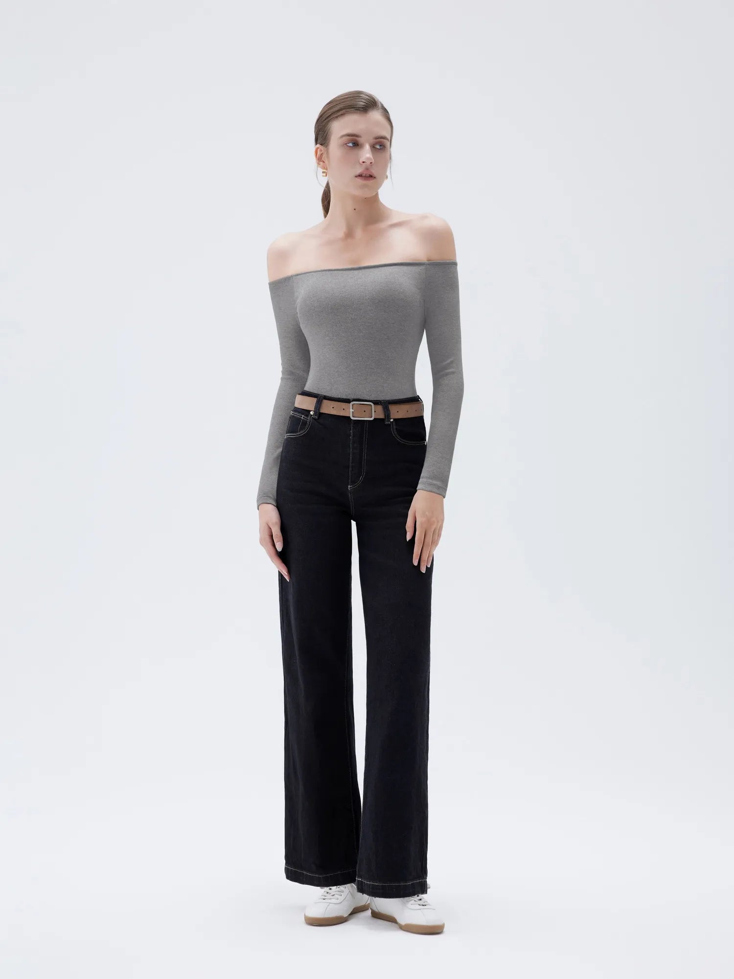 Ribbed Padded Off Shoulder Shirt - Long Sleeve