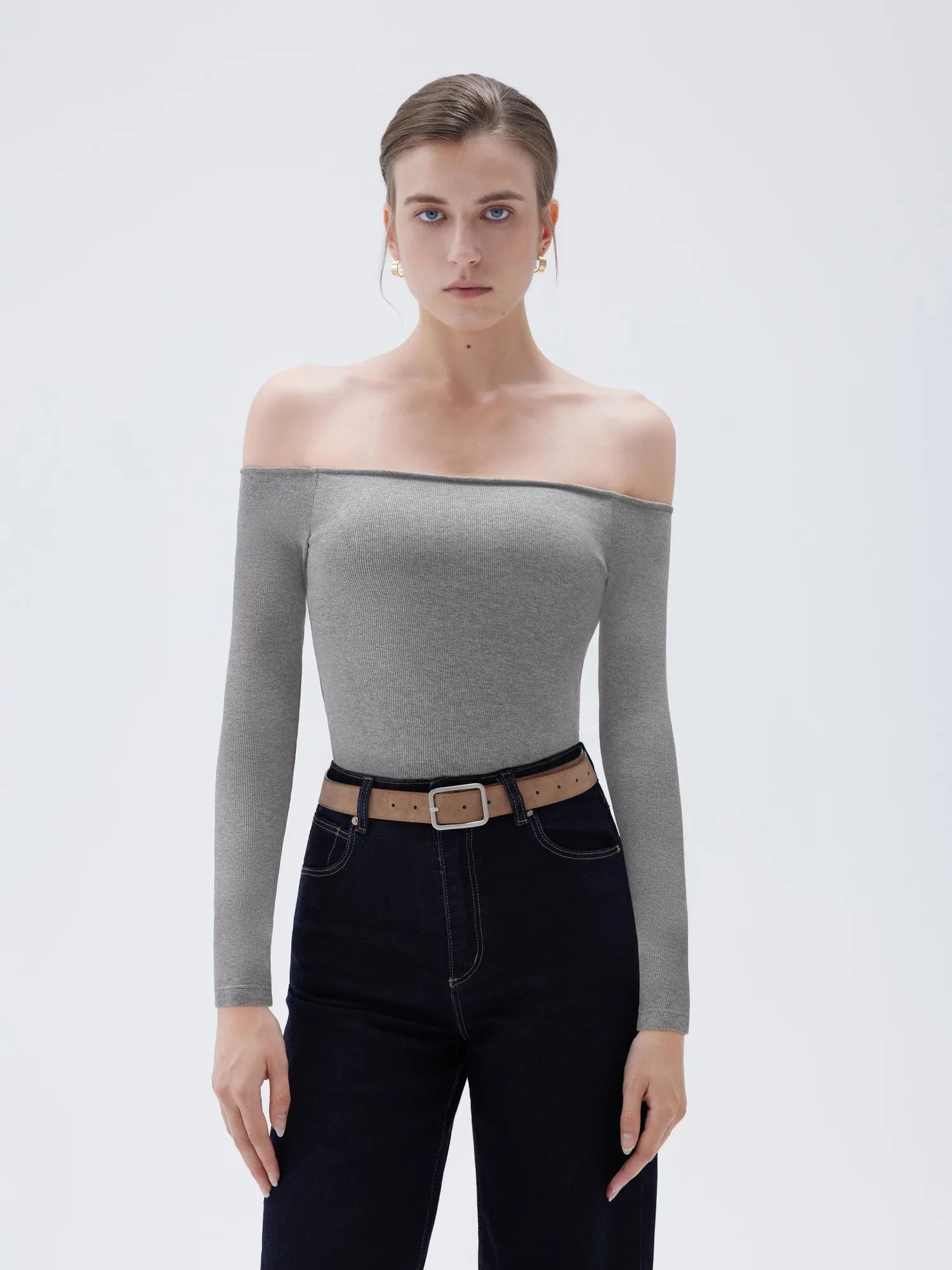 Ribbed Padded Off Shoulder Shirt - Long Sleeve
