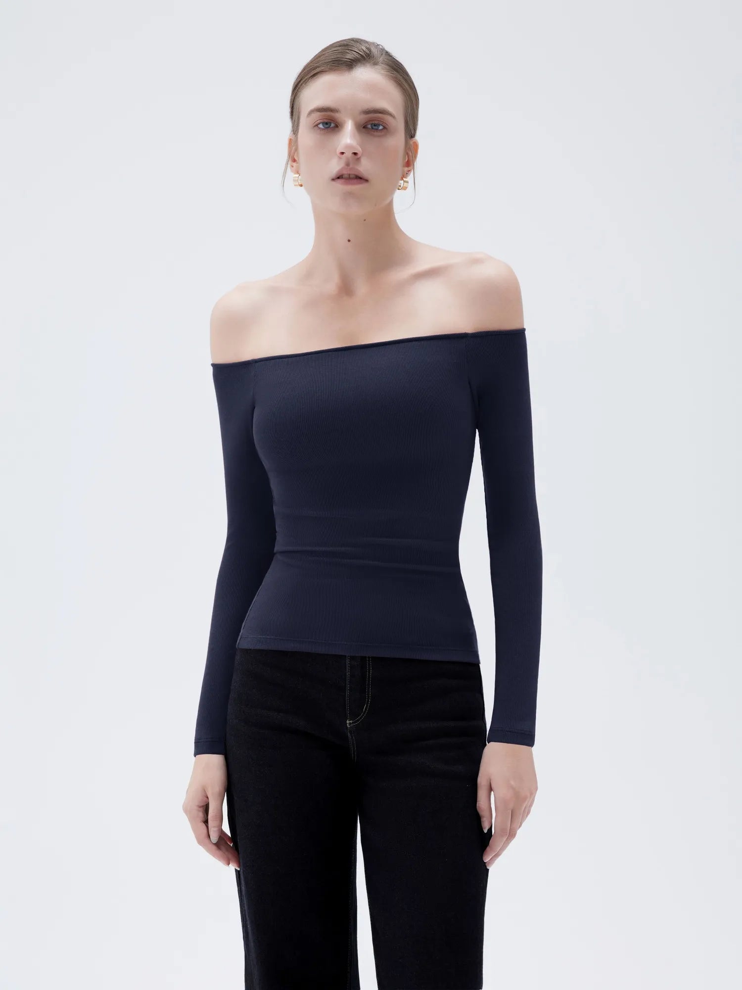 SUUKSESS Women Padded Off The Shoulder Tops Ribbed Long Sleeve Shirts Fall Basic-SUUKSESS-Navy-XS-SUUKSESS