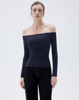SUUKSESS Women Padded Off The Shoulder Tops Ribbed Long Sleeve Shirts Fall Basic-SUUKSESS-Navy-XS-SUUKSESS