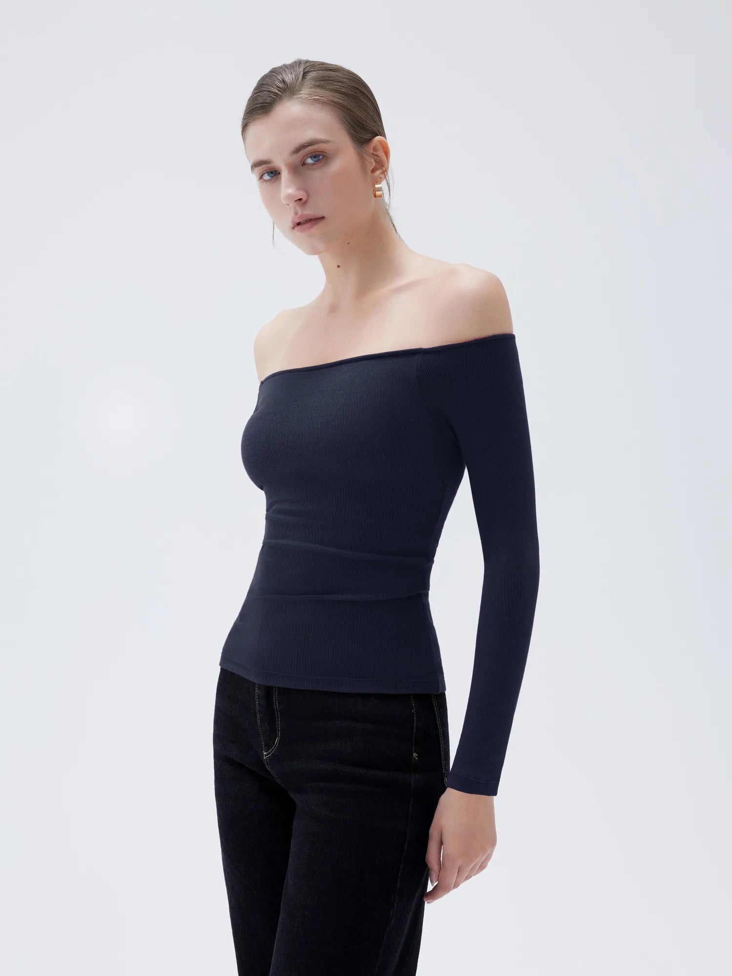 SUUKSESS Women Padded Off The Shoulder Tops Ribbed Long Sleeve Shirts Fall Basic-SUUKSESS-SUUKSESS