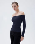 SUUKSESS Women Padded Off The Shoulder Tops Ribbed Long Sleeve Shirts Fall Basic-SUUKSESS-SUUKSESS