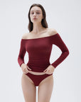 SUUKSESS Women Padded Off The Shoulder Tops Ribbed Long Sleeve Shirts Fall Basic-SUUKSESS-Wine-XS-SUUKSESS