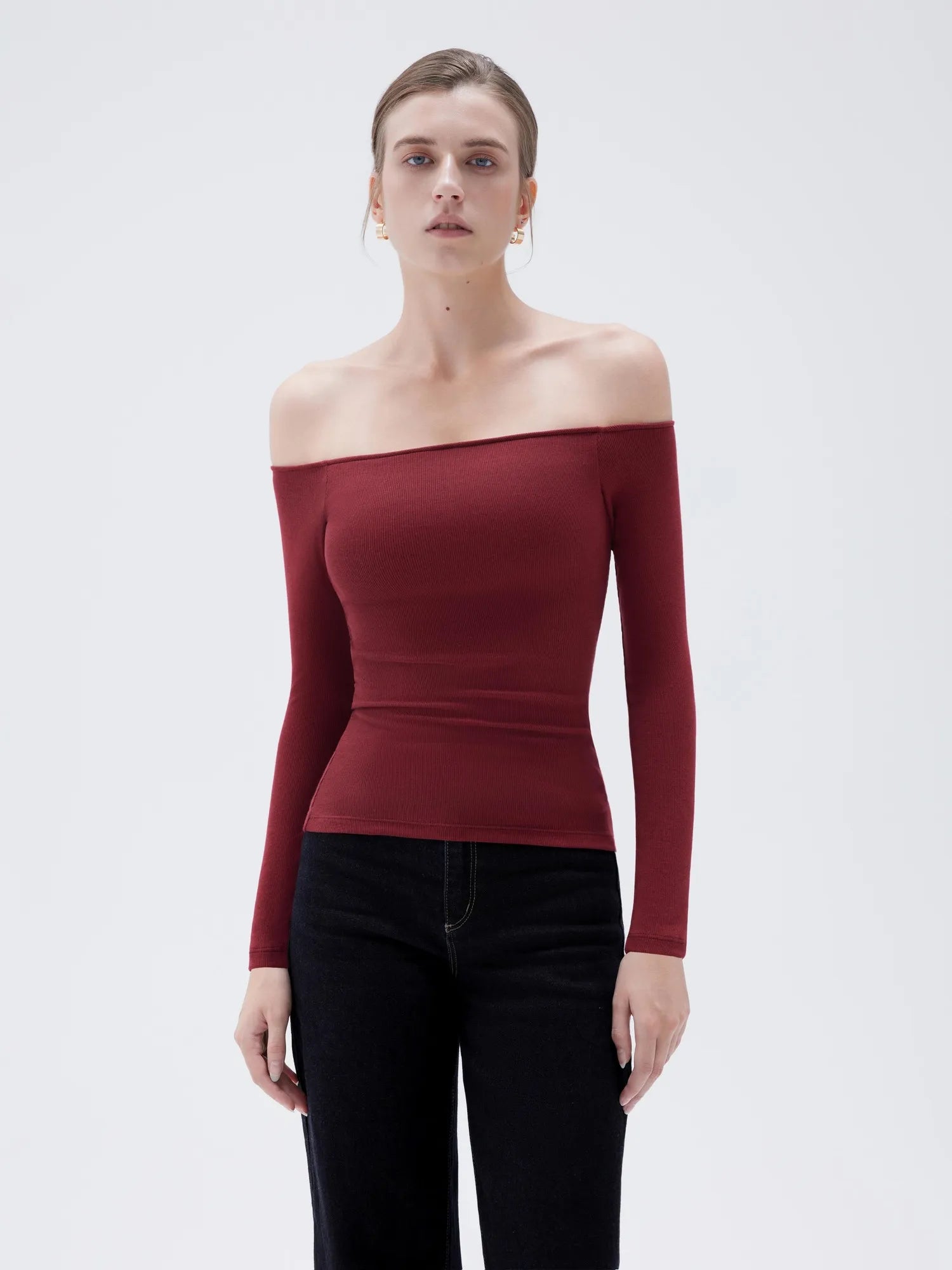 SUUKSESS Women Padded Off The Shoulder Tops Ribbed Long Sleeve Shirts Fall Basic-SUUKSESS-SUUKSESS
