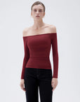 SUUKSESS Women Padded Off The Shoulder Tops Ribbed Long Sleeve Shirts Fall Basic-SUUKSESS-SUUKSESS