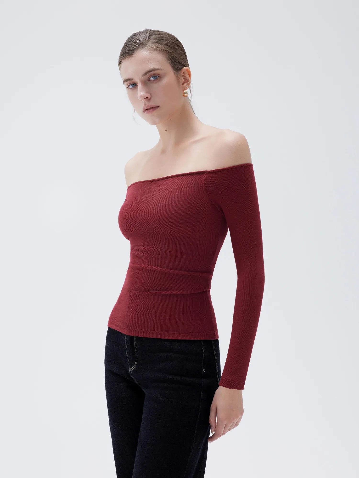 SUUKSESS Women Padded Off The Shoulder Tops Ribbed Long Sleeve Shirts Fall Basic-SUUKSESS-SUUKSESS