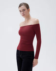 SUUKSESS Women Padded Off The Shoulder Tops Ribbed Long Sleeve Shirts Fall Basic-SUUKSESS-SUUKSESS