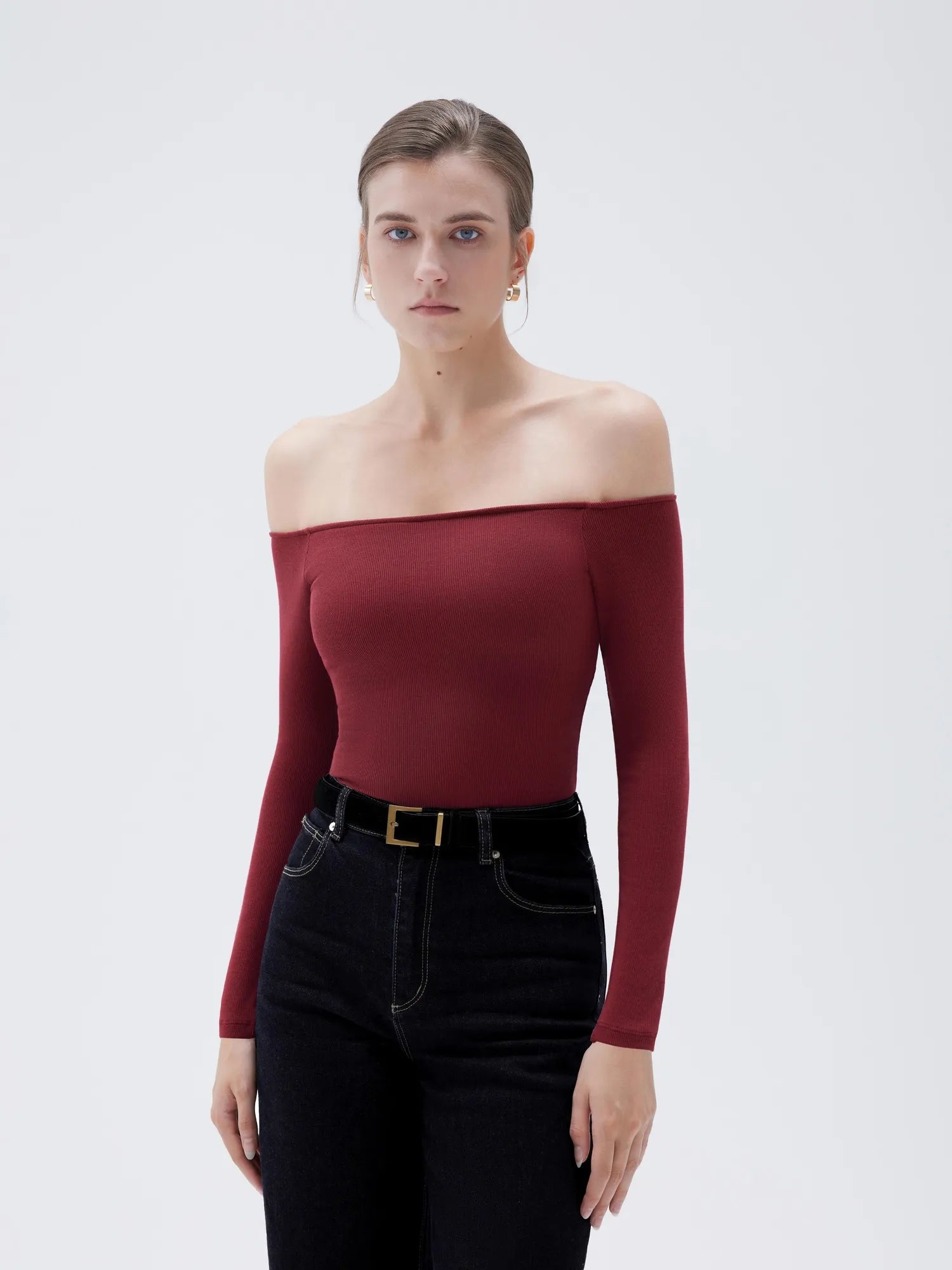 SUUKSESS Women Padded Off The Shoulder Tops Ribbed Long Sleeve Shirts Fall Basic-SUUKSESS-SUUKSESS