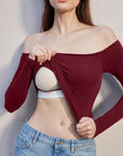 SUUKSESS Women Padded Off The Shoulder Tops Ribbed Long Sleeve Shirts Fall Basic-SUUKSESS-SUUKSESS