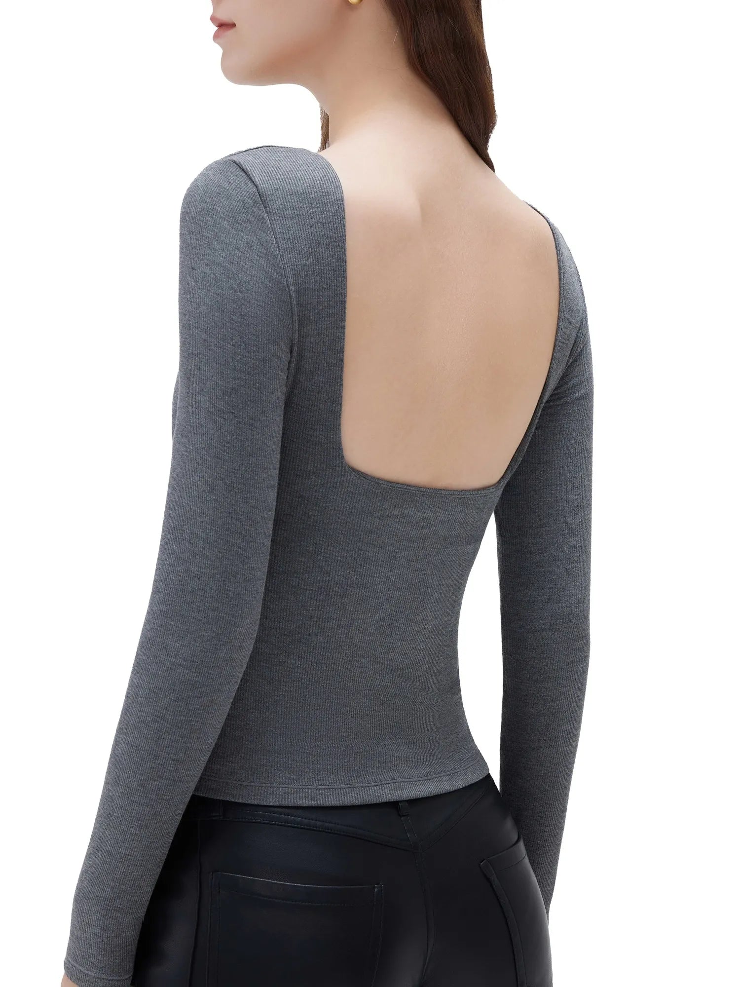 SUUKSESS Women Backless Going Out Tops Padded Modal Basic Long Sleeve Shirts-SUUKSESS-Grey-XS-SUUKSESS