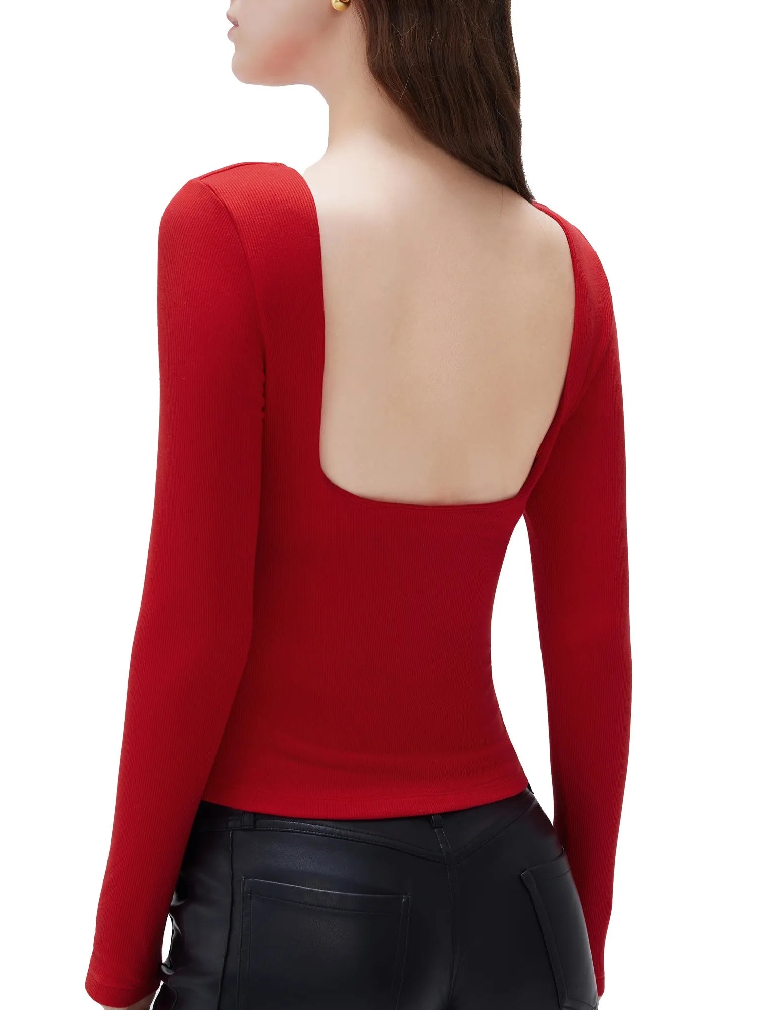 SUUKSESS Women Backless Going Out Tops Padded Modal Basic Long Sleeve Shirts-SUUKSESS-Red-XS-SUUKSESS
