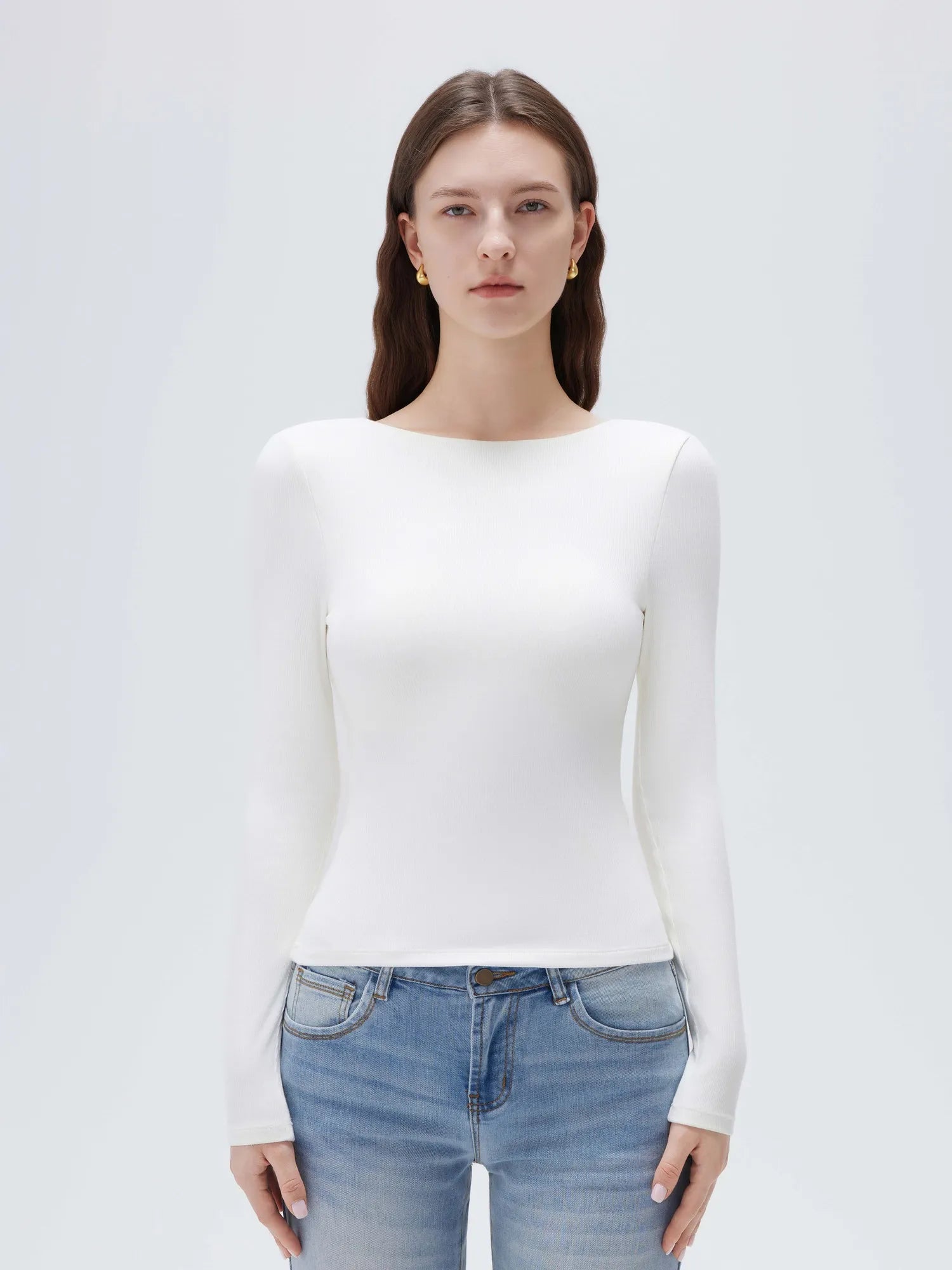 SUUKSESS Women Backless Going Out Tops Padded Modal Basic Long Sleeve Shirts-SUUKSESS-White-XS-SUUKSESS
