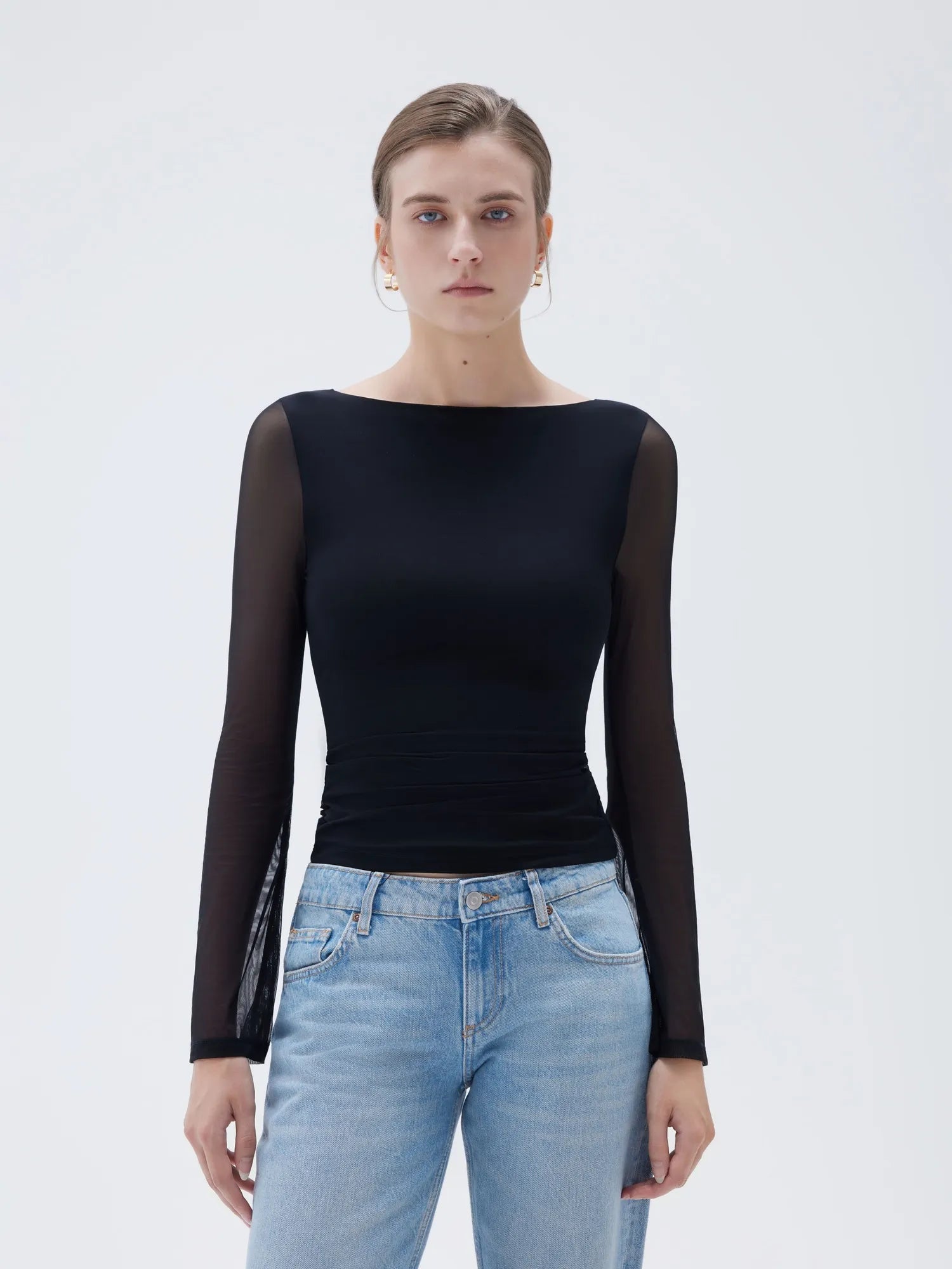 SUUKSESS Women Double Line Mesh Tops Boat Neck Long Sleeve Shirts-SUUKSESS-SUUKSESS
