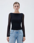 SUUKSESS Women Double Line Mesh Tops Boat Neck Long Sleeve Shirts-SUUKSESS-SUUKSESS