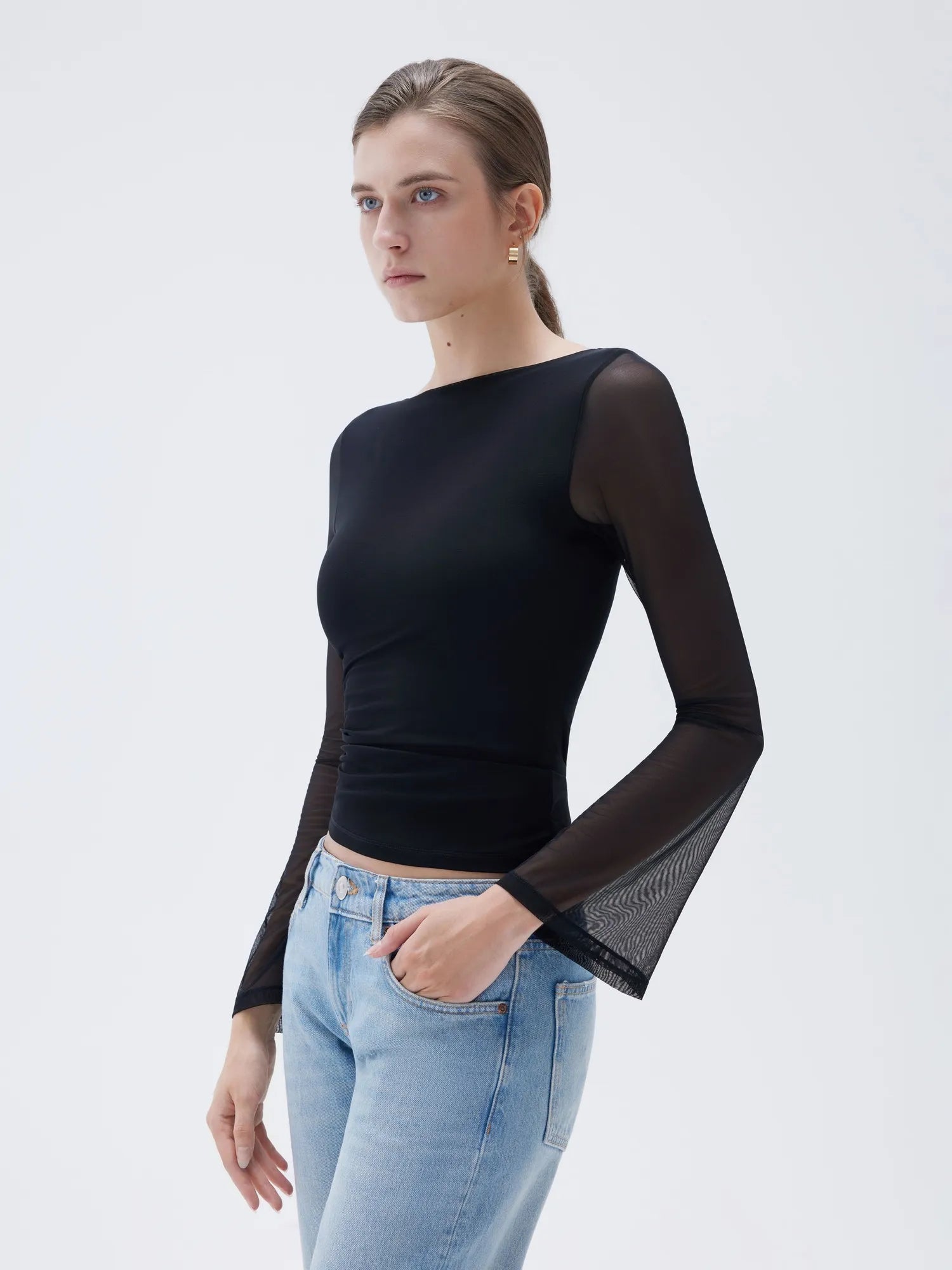 SUUKSESS Women Double Line Mesh Tops Boat Neck Long Sleeve Shirts-SUUKSESS-SUUKSESS