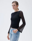 SUUKSESS Women Double Line Mesh Tops Boat Neck Long Sleeve Shirts-SUUKSESS-SUUKSESS