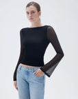 SUUKSESS Women Double Line Mesh Tops Boat Neck Long Sleeve Shirts-SUUKSESS-SUUKSESS