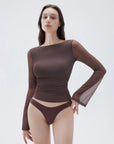 SUUKSESS Women Double Line Mesh Tops Boat Neck Long Sleeve Shirts-SUUKSESS-Brown-S-SUUKSESS