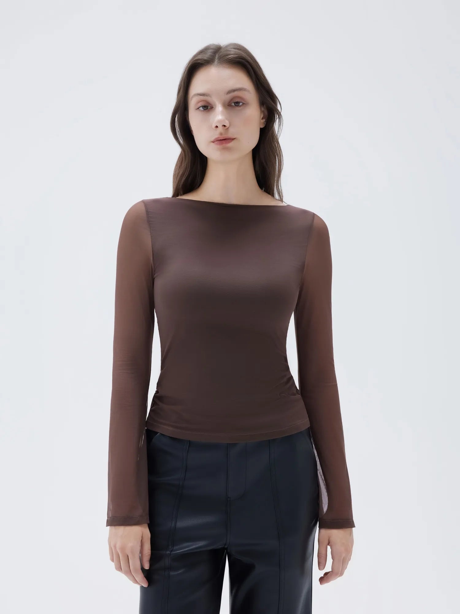 SUUKSESS Women Double Line Mesh Tops Boat Neck Long Sleeve Shirts-SUUKSESS-SUUKSESS