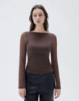 SUUKSESS Women Double Line Mesh Tops Boat Neck Long Sleeve Shirts-SUUKSESS-SUUKSESS