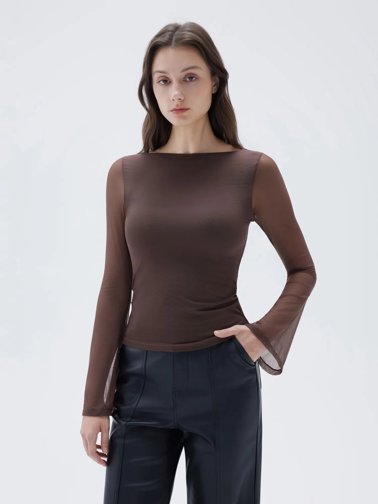 SUUKSESS Women Double Line Mesh Tops Boat Neck Long Sleeve Shirts-SUUKSESS-SUUKSESS
