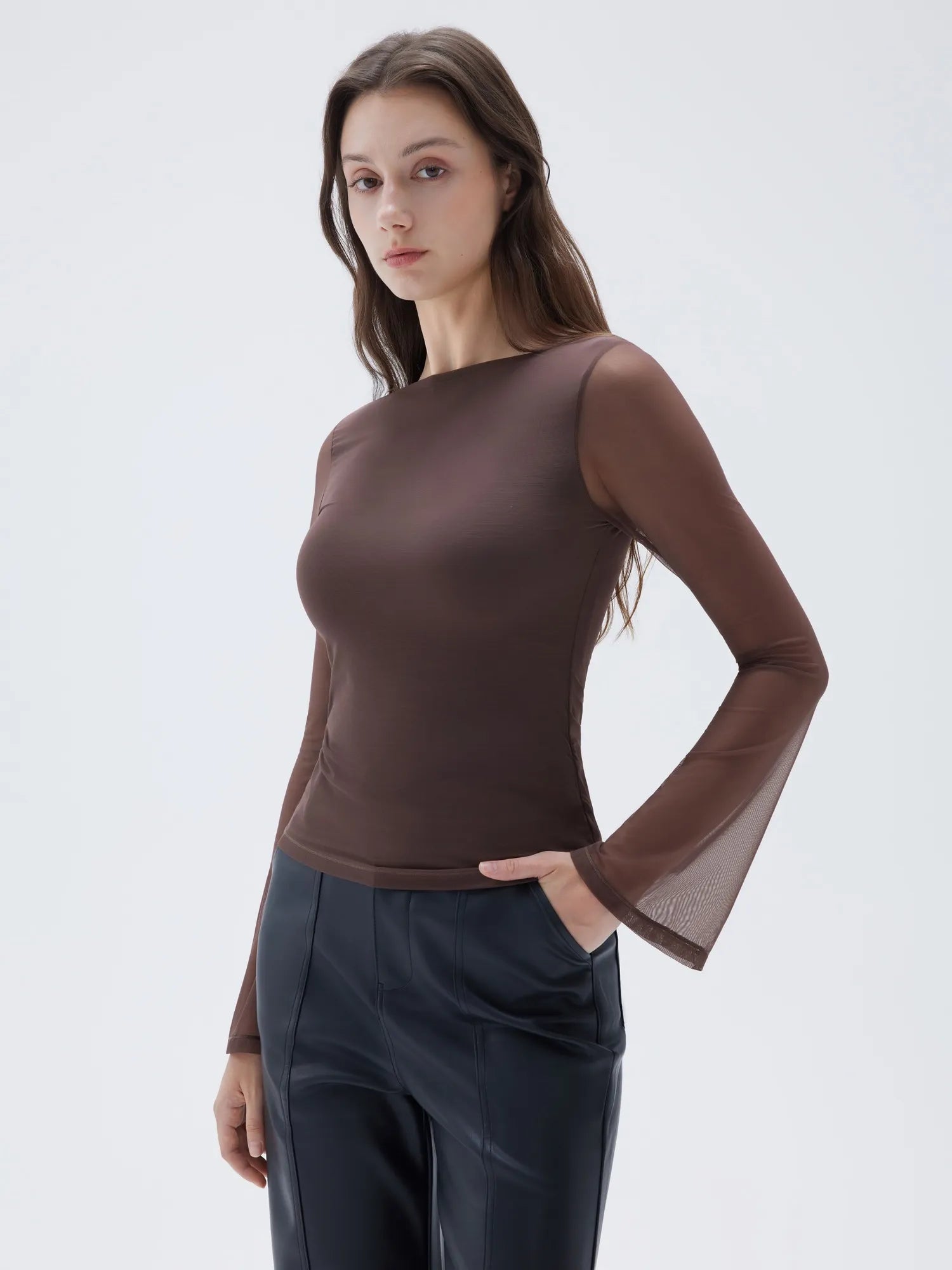 SUUKSESS Women Double Line Mesh Tops Boat Neck Long Sleeve Shirts-SUUKSESS-SUUKSESS