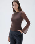 SUUKSESS Women Double Line Mesh Tops Boat Neck Long Sleeve Shirts-SUUKSESS-SUUKSESS