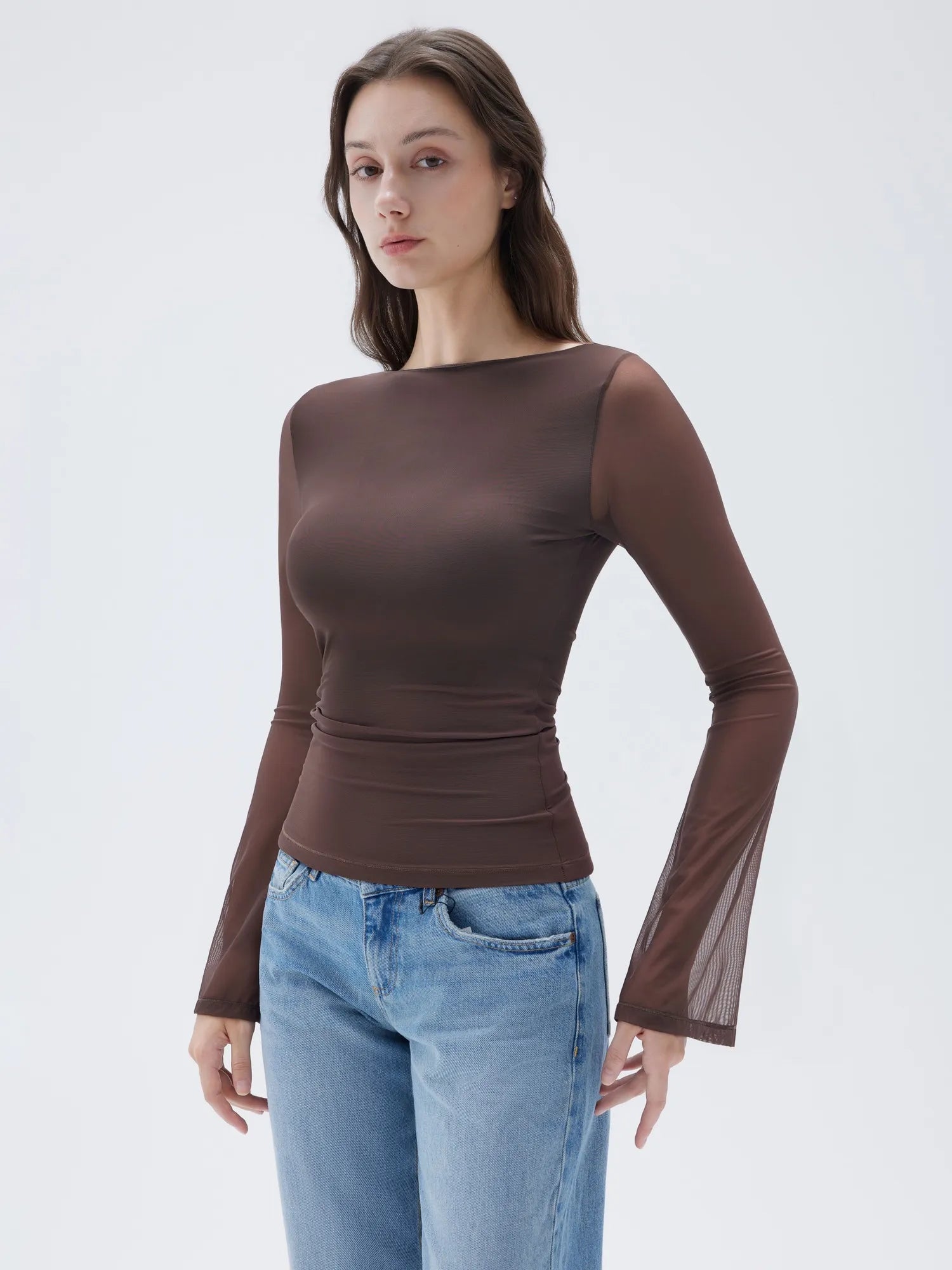 SUUKSESS Women Double Line Mesh Tops Boat Neck Long Sleeve Shirts-SUUKSESS-SUUKSESS