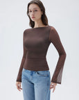 SUUKSESS Women Double Line Mesh Tops Boat Neck Long Sleeve Shirts-SUUKSESS-SUUKSESS