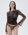 SUUKSESS Women Double Line Mesh Tops Boat Neck Long Sleeve Shirts-SUUKSESS-Leopard-S-SUUKSESS