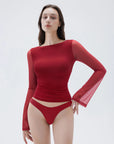 SUUKSESS Women Double Line Mesh Tops Boat Neck Long Sleeve Shirts-SUUKSESS-Wine-S-SUUKSESS