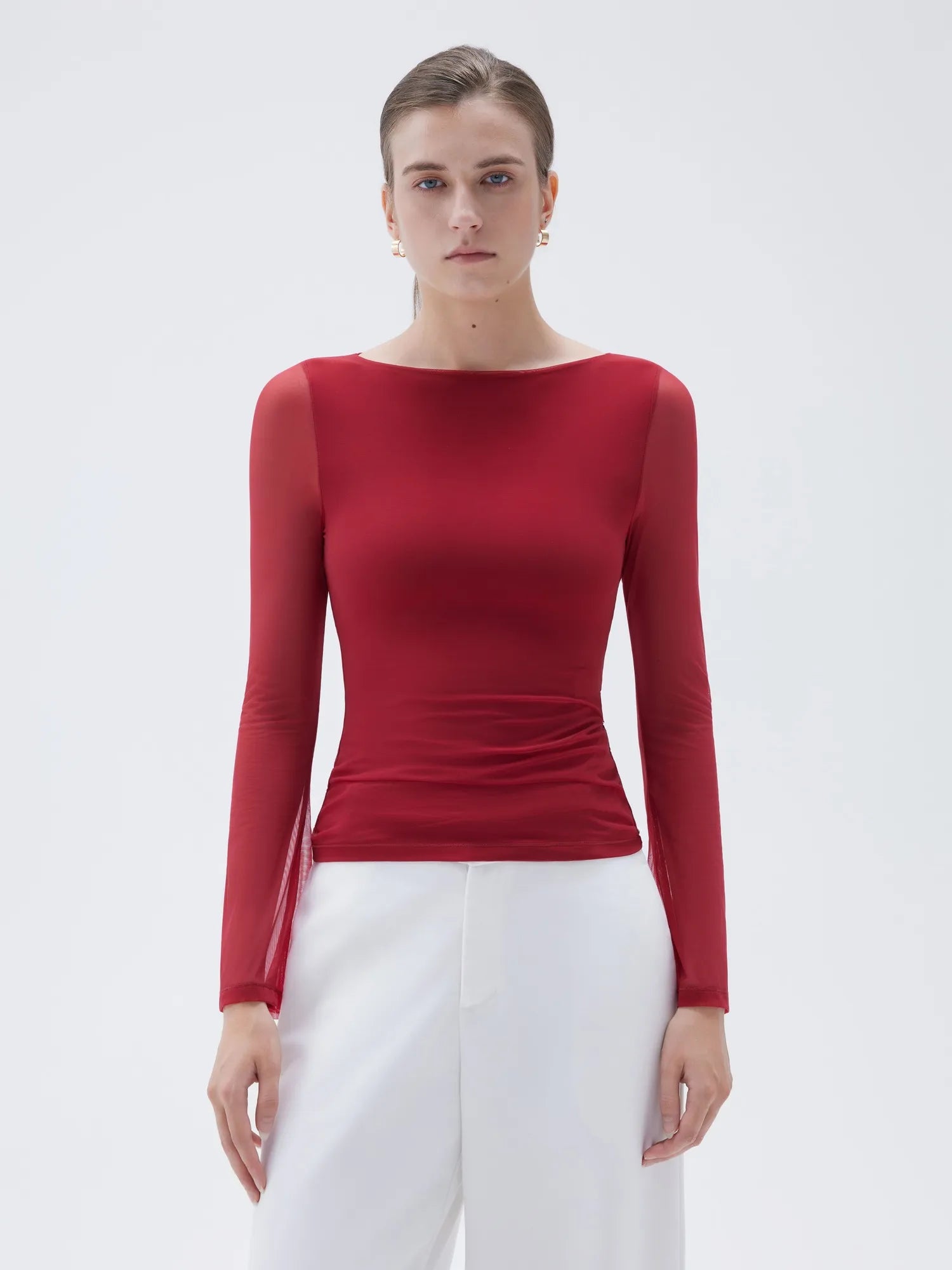 SUUKSESS Women Double Line Mesh Tops Boat Neck Long Sleeve Shirts-SUUKSESS-SUUKSESS