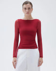 SUUKSESS Women Double Line Mesh Tops Boat Neck Long Sleeve Shirts-SUUKSESS-SUUKSESS