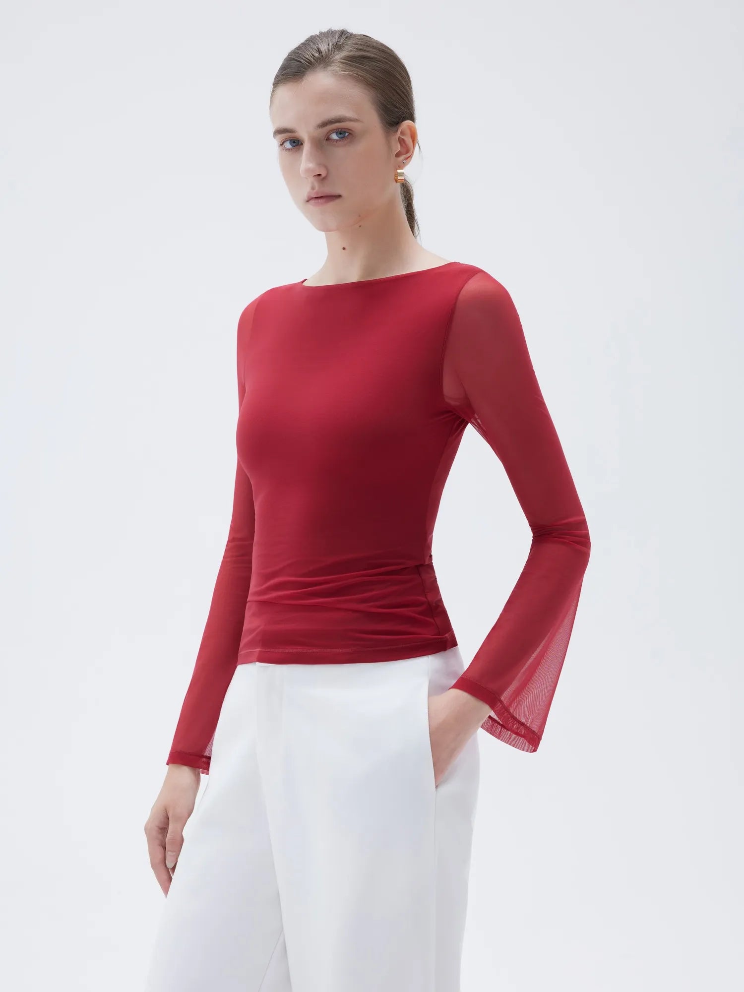 SUUKSESS Women Double Line Mesh Tops Boat Neck Long Sleeve Shirts-SUUKSESS-SUUKSESS