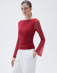 SUUKSESS Women Double Line Mesh Tops Boat Neck Long Sleeve Shirts-SUUKSESS-SUUKSESS