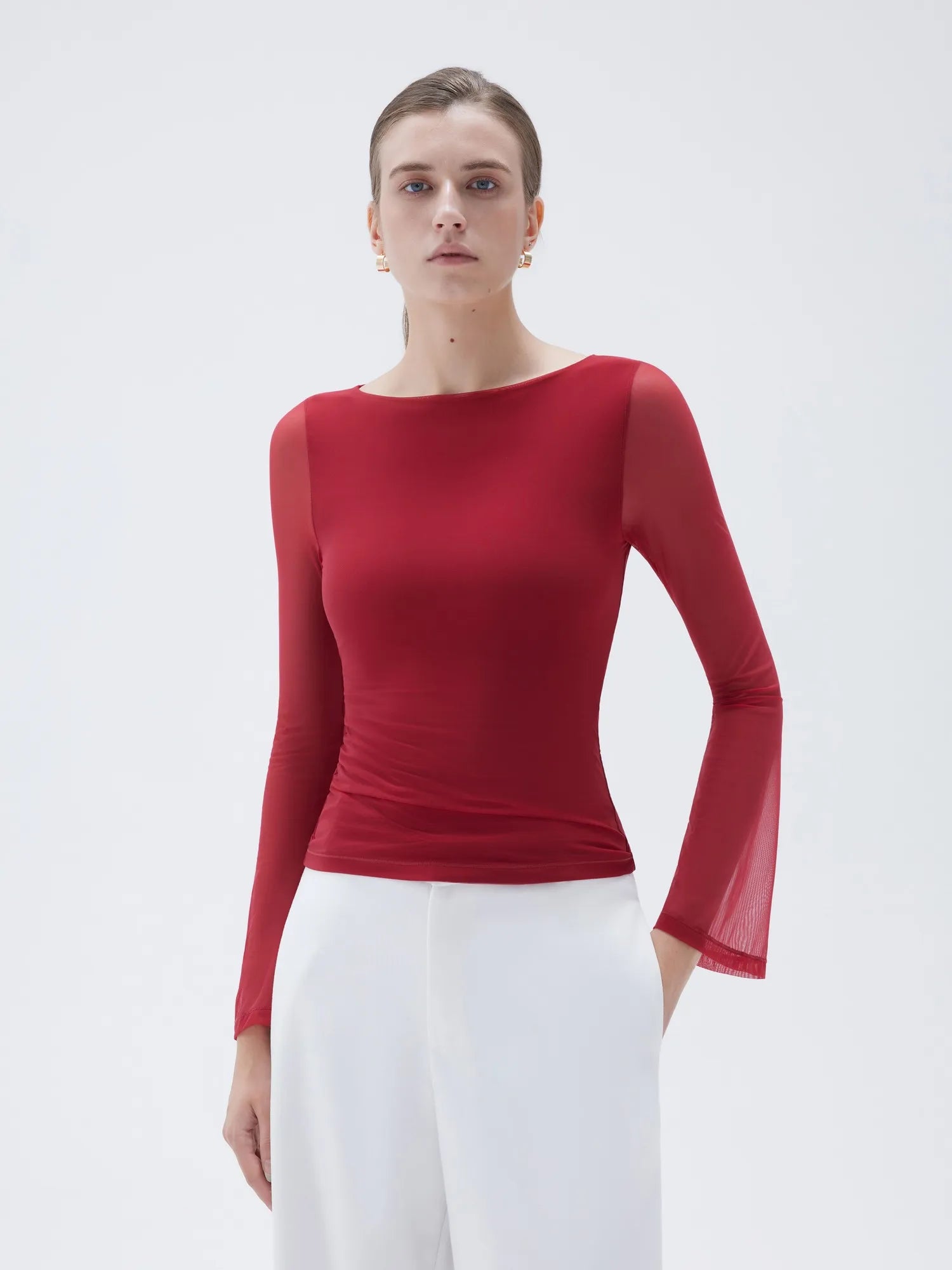 SUUKSESS Women Double Line Mesh Tops Boat Neck Long Sleeve Shirts-SUUKSESS-SUUKSESS