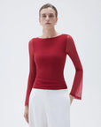 SUUKSESS Women Double Line Mesh Tops Boat Neck Long Sleeve Shirts-SUUKSESS-SUUKSESS