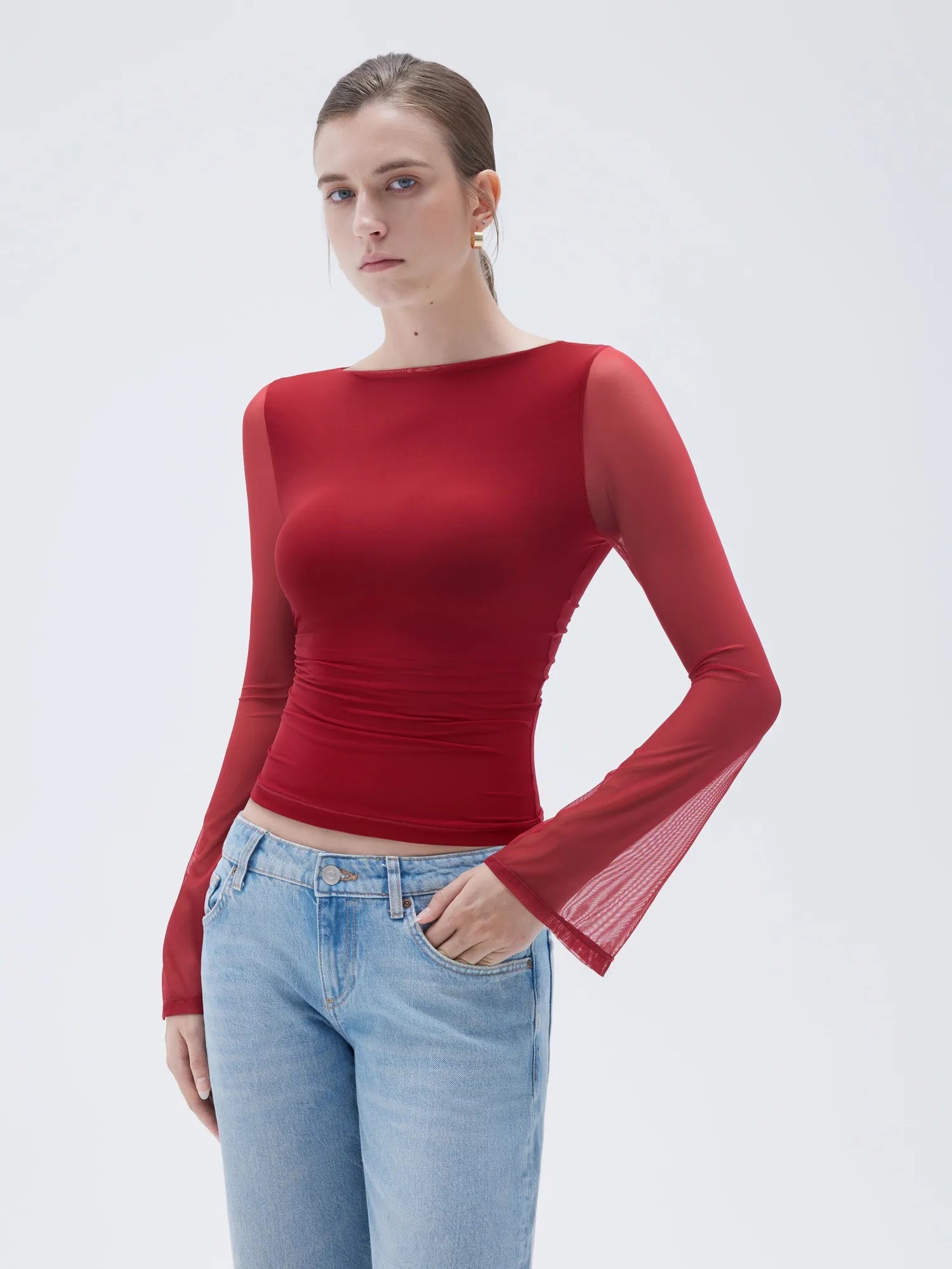SUUKSESS Women Double Line Mesh Tops Boat Neck Long Sleeve Shirts-SUUKSESS-SUUKSESS