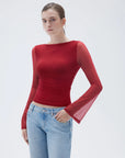 SUUKSESS Women Double Line Mesh Tops Boat Neck Long Sleeve Shirts-SUUKSESS-SUUKSESS
