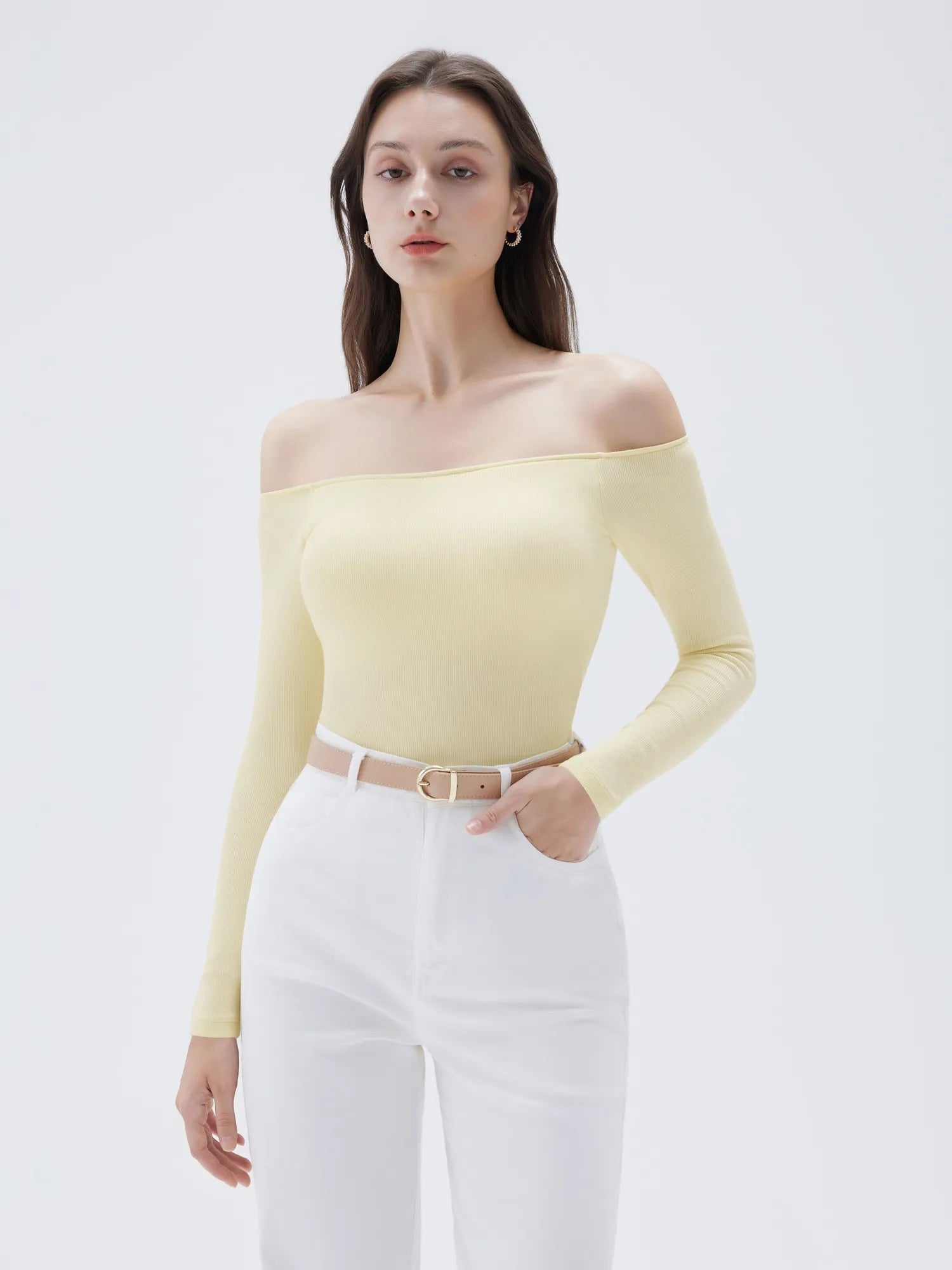 SUUKSESS Women Padded Off The Shoulder Tops Ribbed Long Sleeve Shirts Fall Basic-SUUKSESS-SUUKSESS
