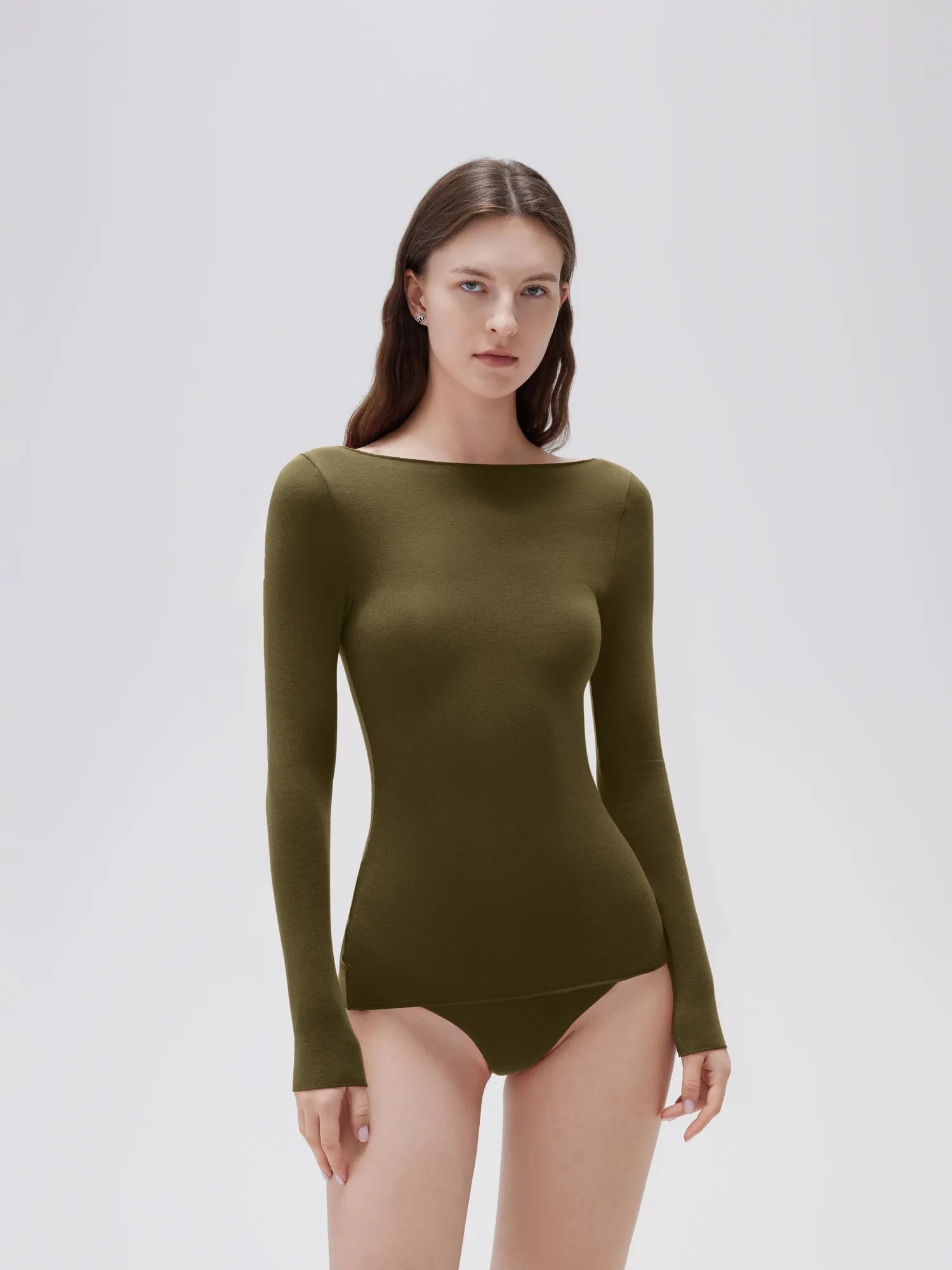 SUUKSESS Cloud Cashmere Women Boat Neck Fitted Long Sleeve Shirt Basic Knit Tops-SUUKSESS-Olive-XS-SUUKSESS